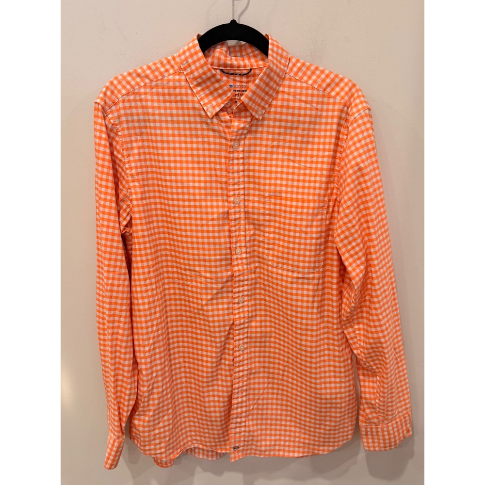 Vineyard Vines On-The-Go Performance Shirt Mens M Orange Gingham Brrr Stretch